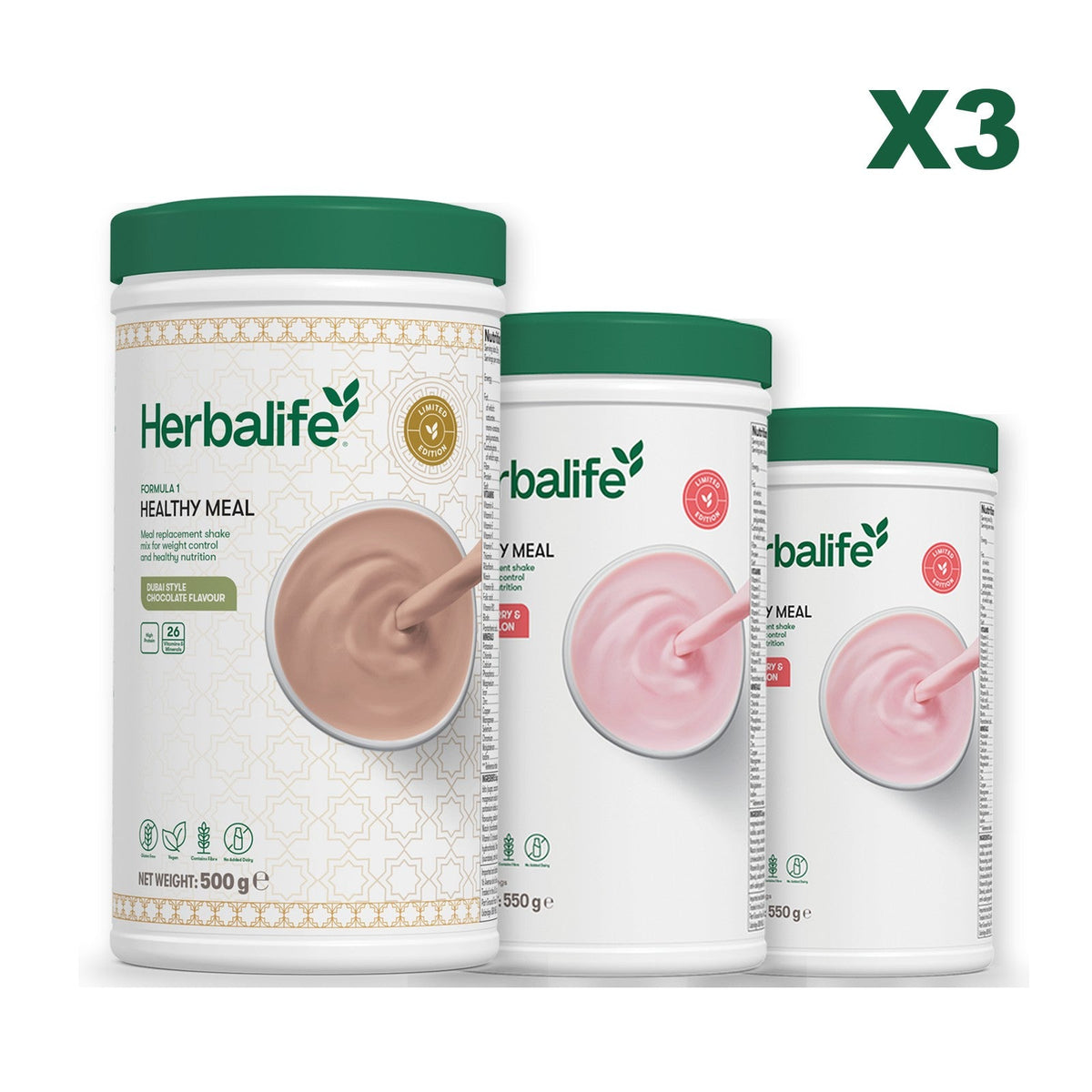 Formula 1 Dubai Style Chocolate meal shake tub shown with two further Formula 1 tubs, Strawberry Watermelon / Strawberry Watermelon