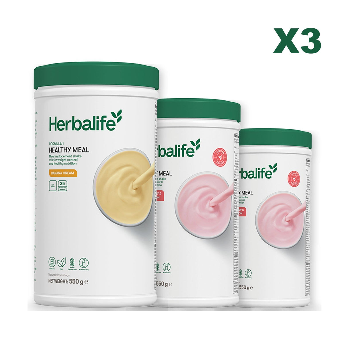 Three Formula 1 shake tubs led by Banana Cream, plus two flavours you choose, Strawberry Watermelon / Strawberry Watermelon