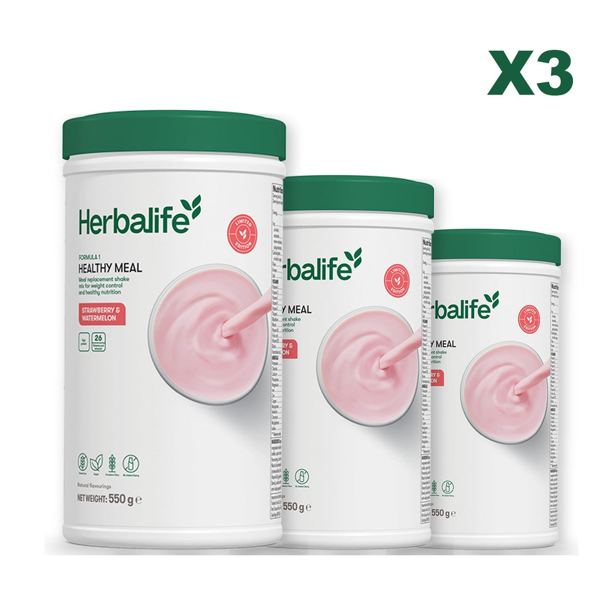 Formula 1 Strawberry Watermelon meal shake tub shown with two further Formula 1 tubs, Strawberry Watermelon / Strawberry Watermelon