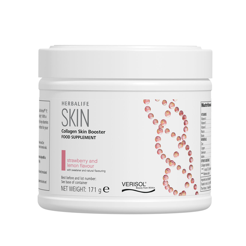 Herbalife SKIN Collagen Skin Booster strawberry and lemon 171 g tub of collagen drink powder