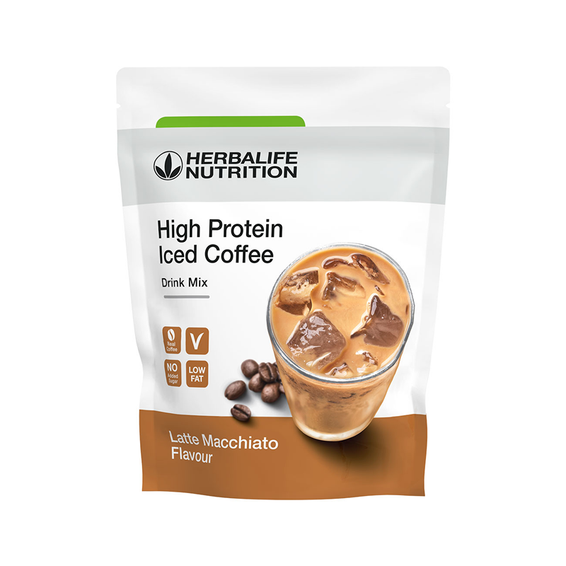 High Protein Iced Coffee latte macchiato 308 g pouch of whey protein coffee powder