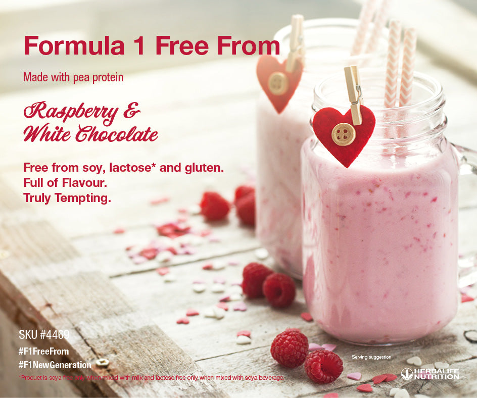 Formula 1 Healthy Meal Free From Raspberry and White Chocolate 500 g tub, pea protein soy-free shake