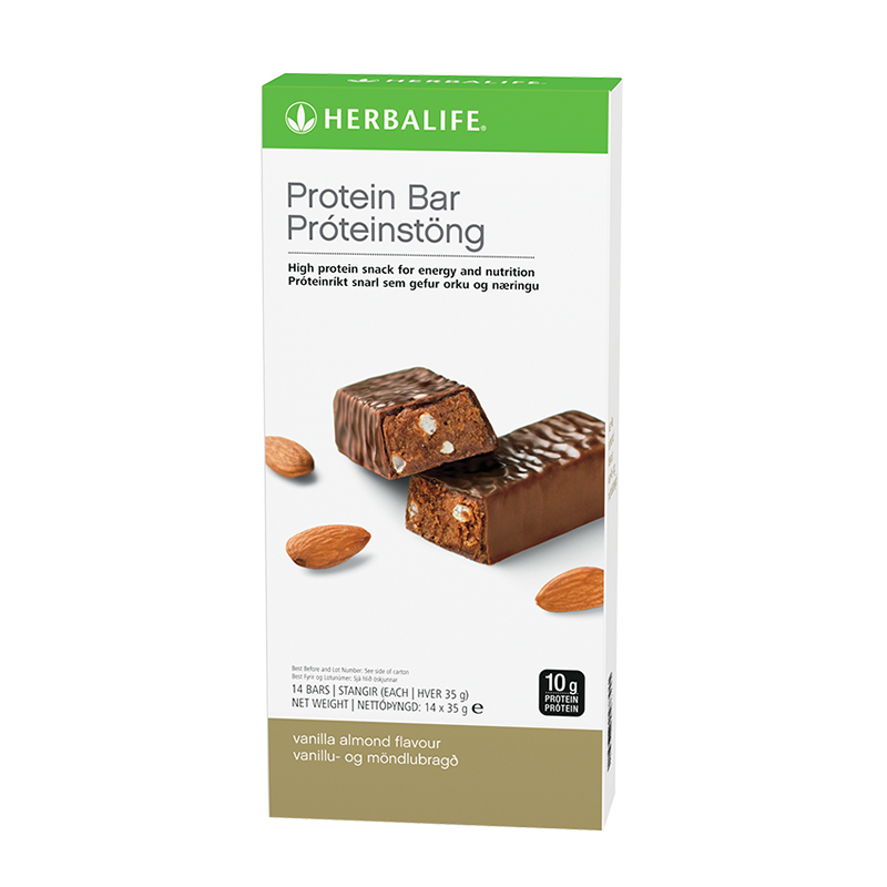 Protein bars box of 14 in Vanilla Almond flavour, chocolate coated with 10 g protein per bar, Vanilla Almond
