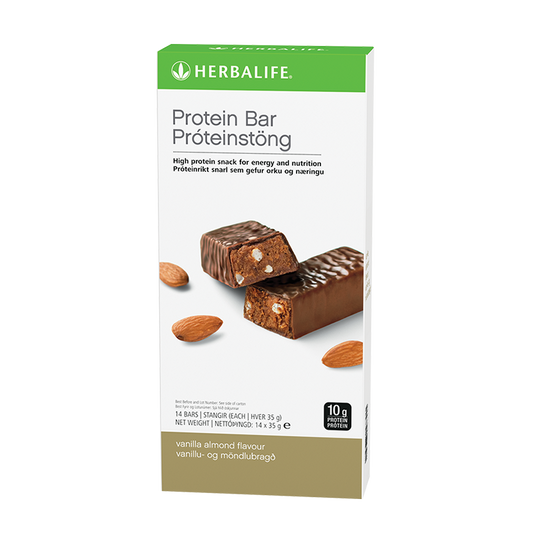Protein bars box of 14 in Vanilla Almond flavour, chocolate coated with 10 g protein per bar, Vanilla Almond