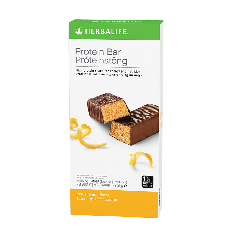 Protein bars box of 14 in Vanilla Almond flavour, chocolate coated with 10 g protein per bar, Citrus Lemon
