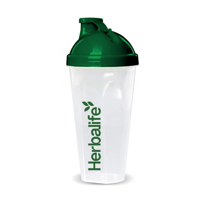 Single clear Herbalife shaker cup with green flip-top spout lid