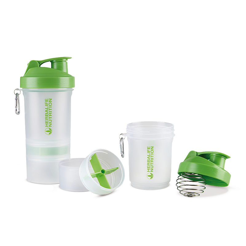 Green Super Shaker bottle with whisk ball and two screw-on storage compartments