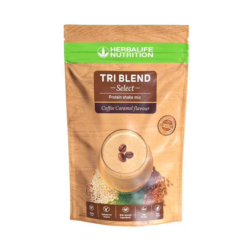 Tri Blend Select plant protein shake pouch, Coffee Caramel flavour, 600 g vegan pea and rice protein, Coffee Caramel