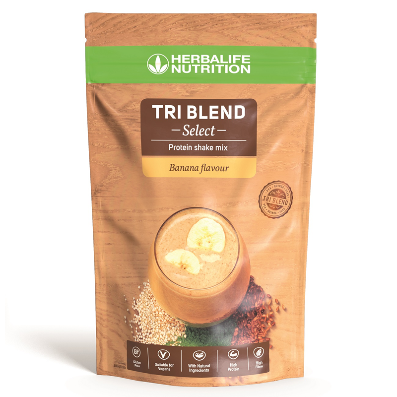 Tri Blend Select plant protein shake pouch, Banana flavour, 600 g vegan pea and rice protein, Banana