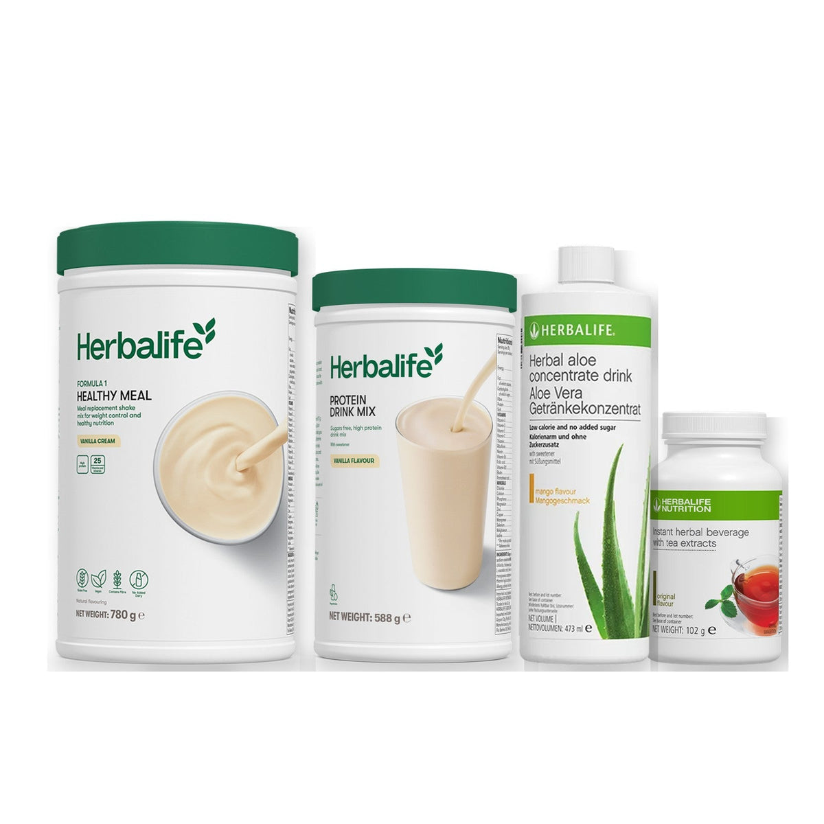 Morning kit with Formula 1 shake, vanilla Protein Drink Mix, mango aloe concentrate and instant tea tub, Vanilla cream / Original (Large 102g) / Large 780g