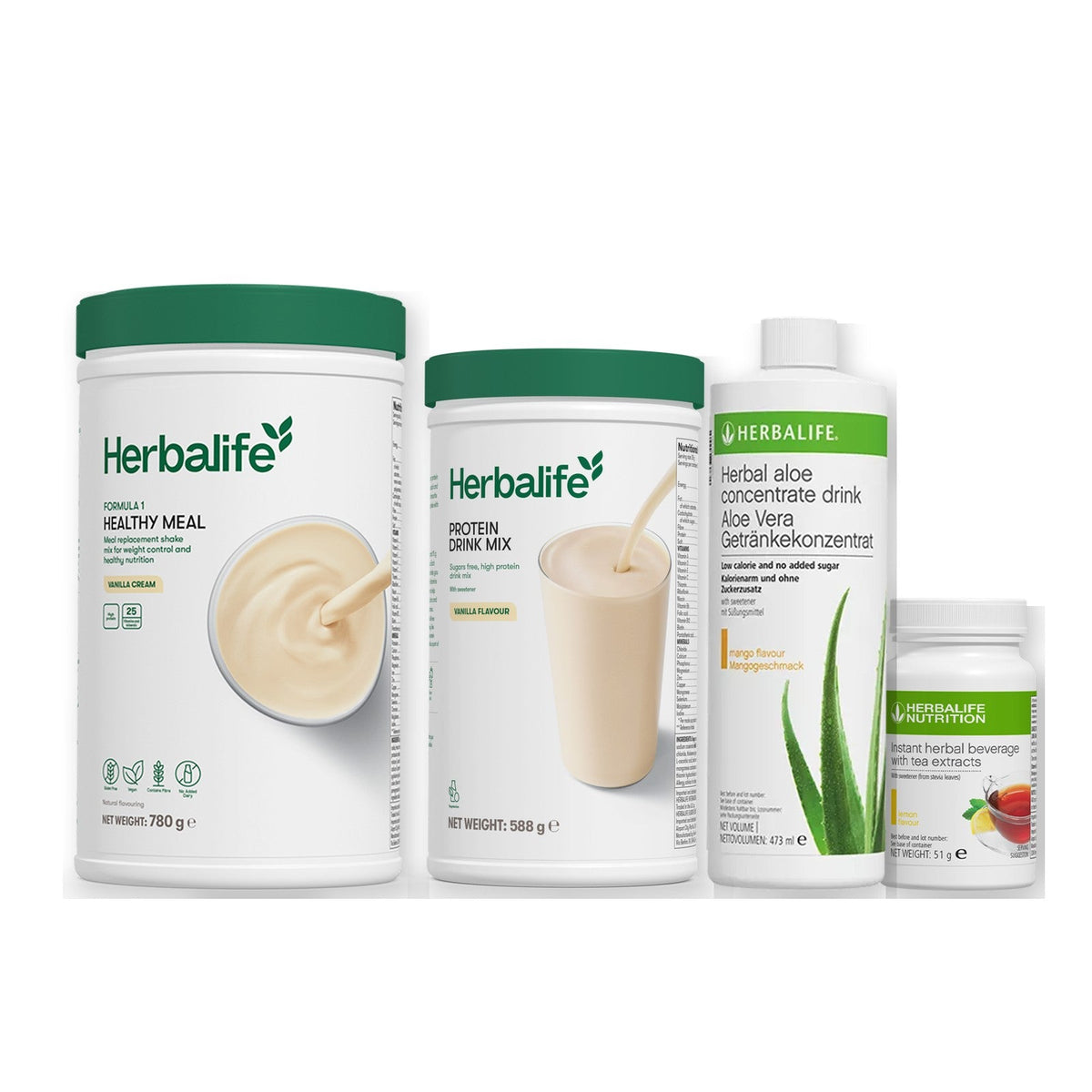 Morning kit with Formula 1 shake, vanilla Protein Drink Mix, mango aloe concentrate and instant tea tub, Vanilla cream / Lemon / Large 780g