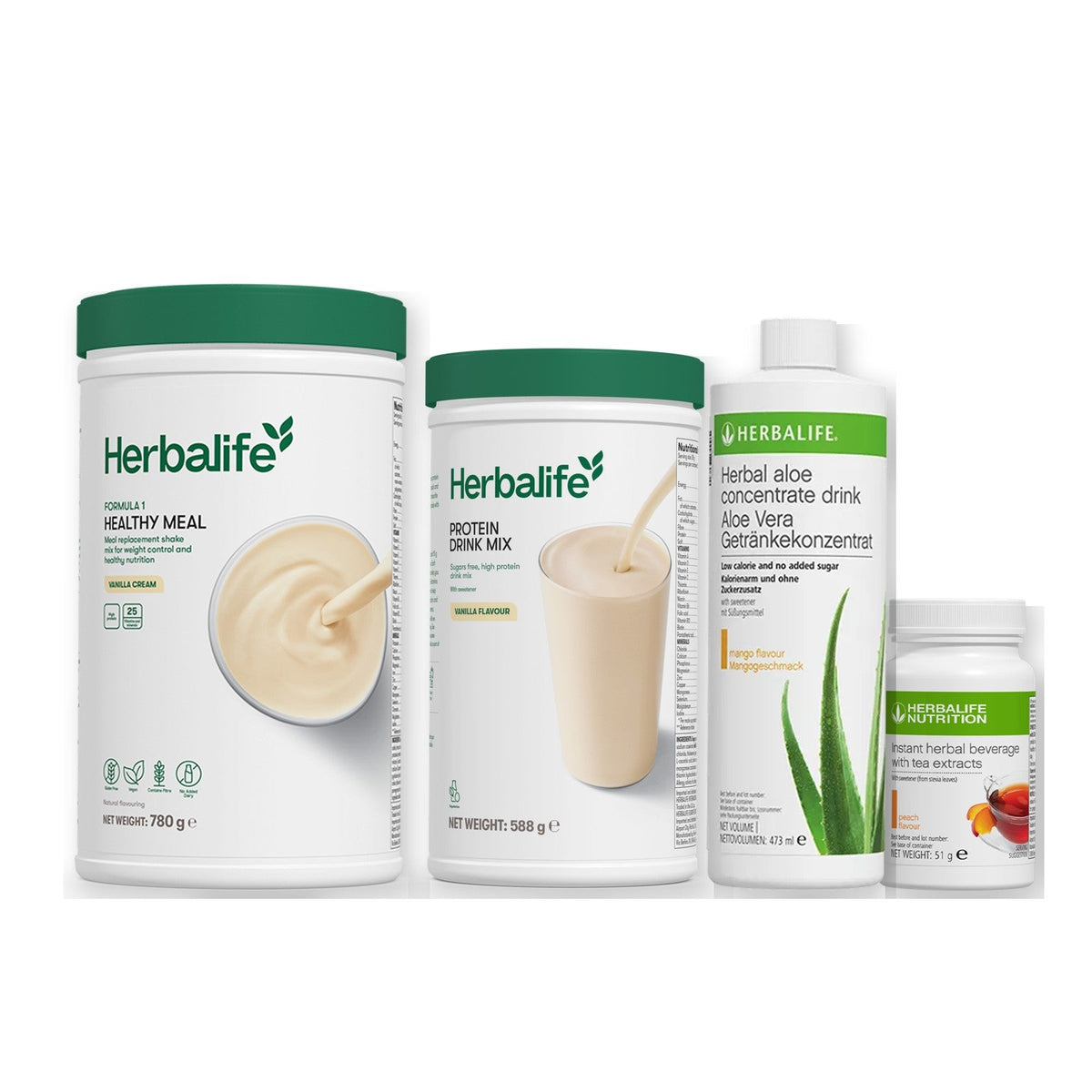 Morning kit with Formula 1 shake, vanilla Protein Drink Mix, mango aloe concentrate and instant tea tub, Vanilla cream / Peach / Large 780g