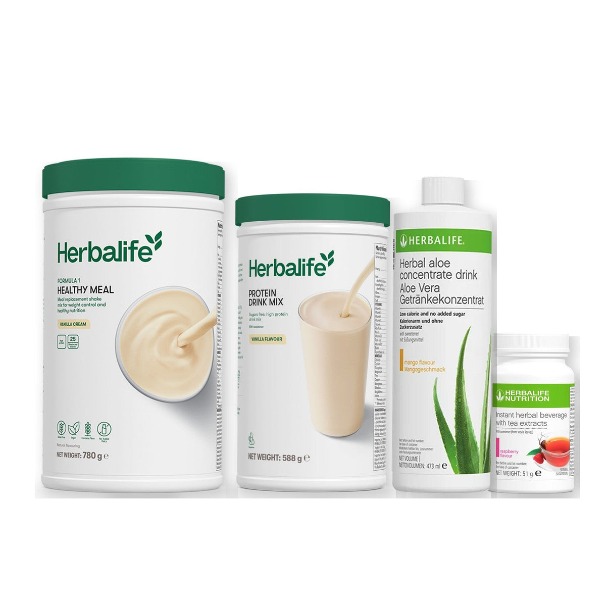 Morning kit with Formula 1 shake, vanilla Protein Drink Mix, mango aloe concentrate and instant tea tub, Vanilla cream / Raspberry / Large 780g