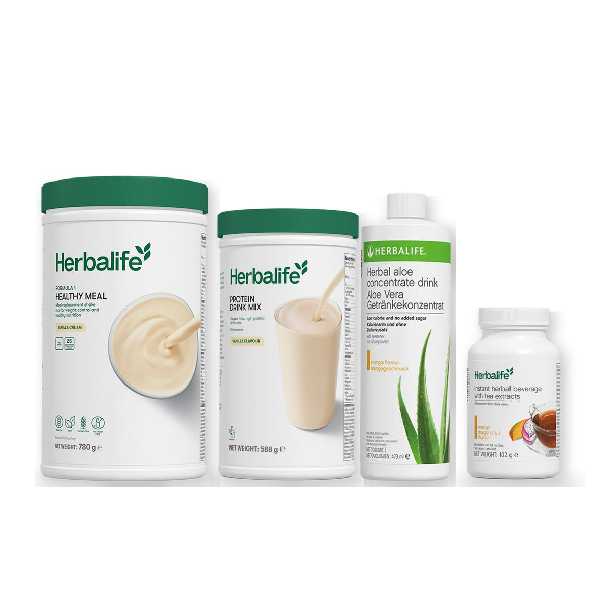 Morning kit with Formula 1 shake, vanilla Protein Drink Mix, mango aloe concentrate and instant tea tub, Vanilla cream / Mango Dragon Fruit (Large 102g) / Large 780g