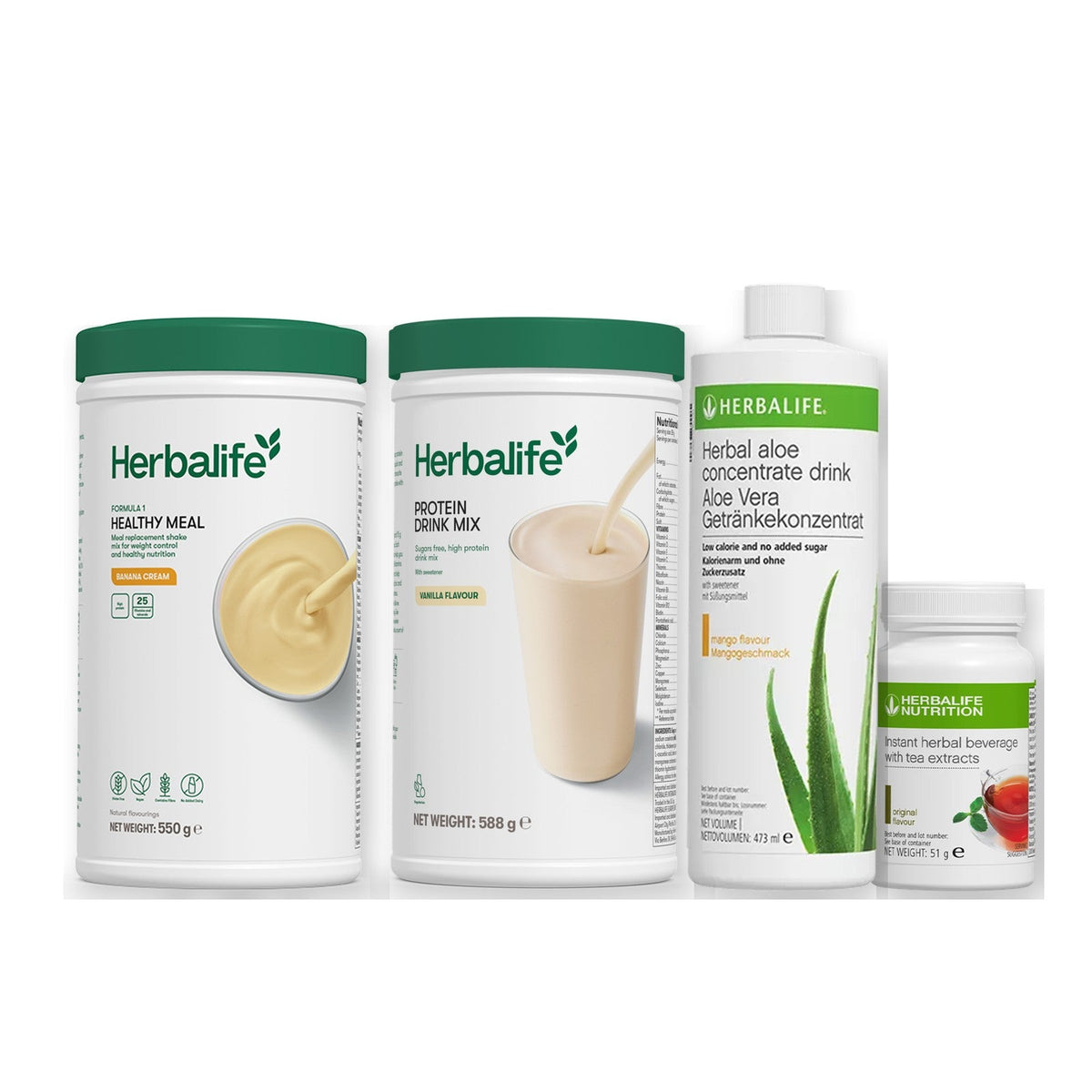 Morning kit with Formula 1 shake, vanilla Protein Drink Mix, mango aloe concentrate and instant tea tub, Banana cream / Original / Standard 550g