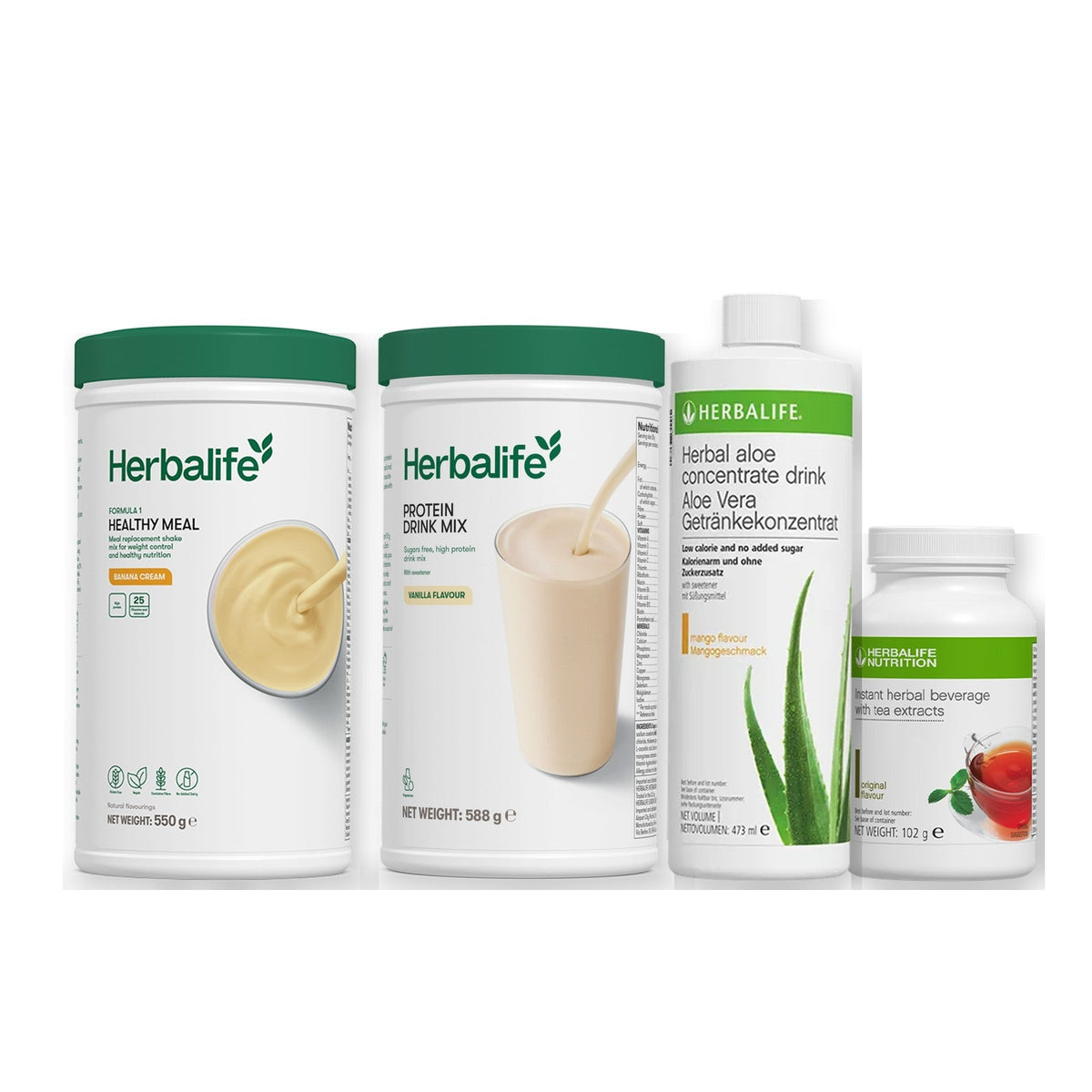 Morning kit with Formula 1 shake, vanilla Protein Drink Mix, mango aloe concentrate and instant tea tub, Banana cream / Original (Large 102g) / Standard 550g