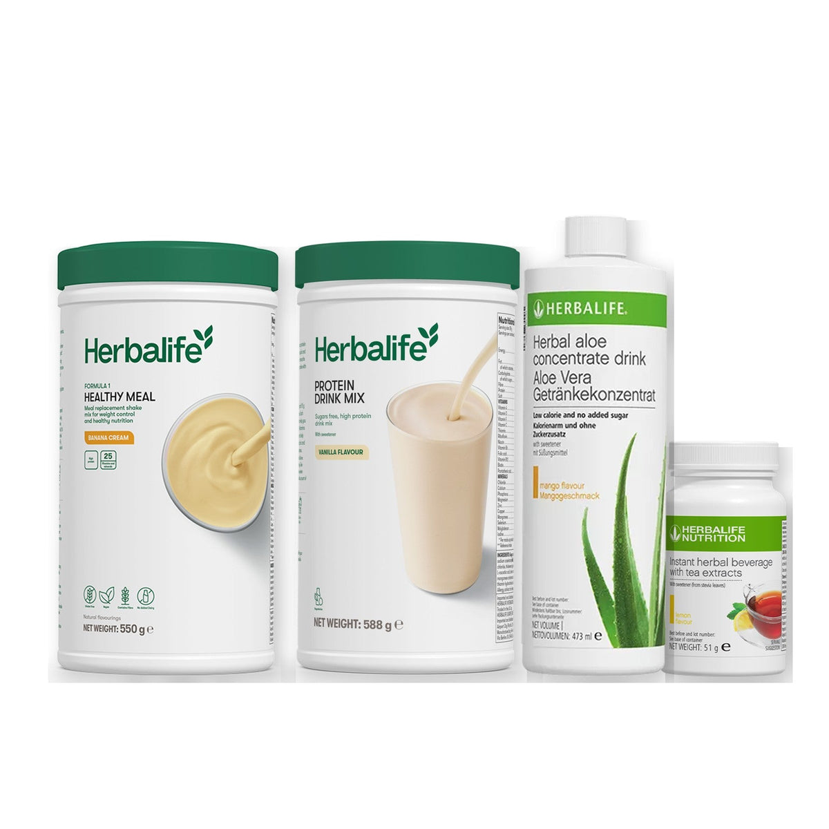 Morning kit with Formula 1 shake, vanilla Protein Drink Mix, mango aloe concentrate and instant tea tub, Banana cream / Lemon / Standard 550g