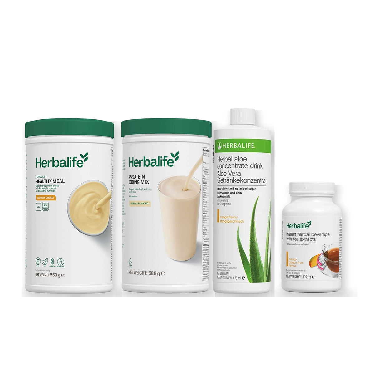 Morning kit with Formula 1 shake, vanilla Protein Drink Mix, mango aloe concentrate and instant tea tub, Banana cream / Mango Dragon Fruit (Large 102g) / Standard 550g