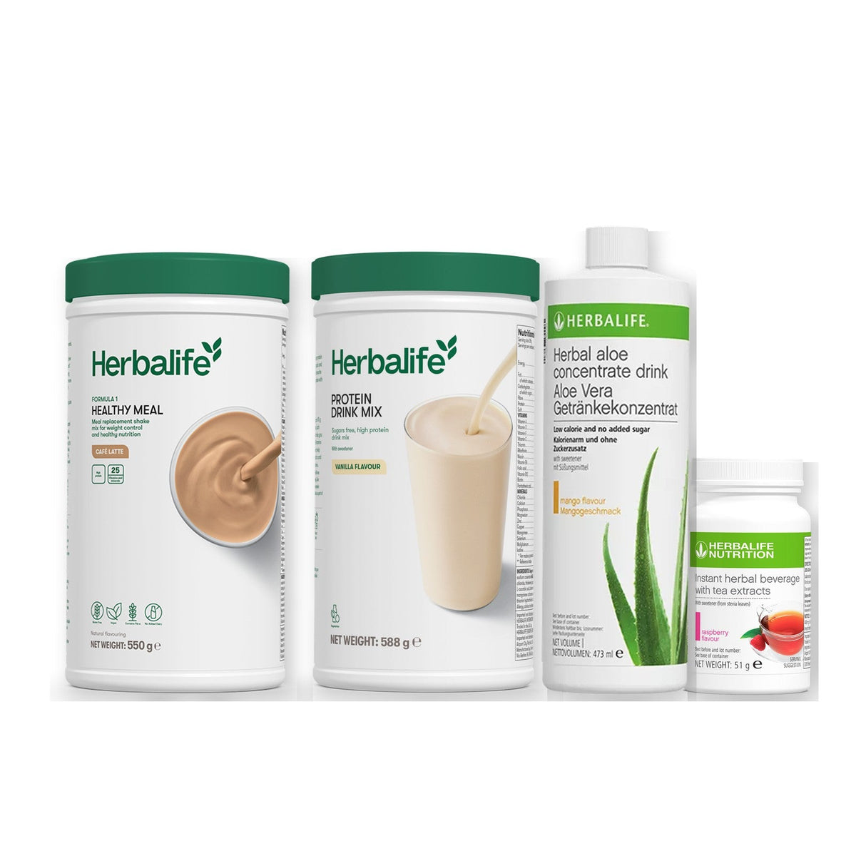 Morning kit with Formula 1 shake, vanilla Protein Drink Mix, mango aloe concentrate and instant tea tub, Cafe latte / Raspberry / Standard 550g
