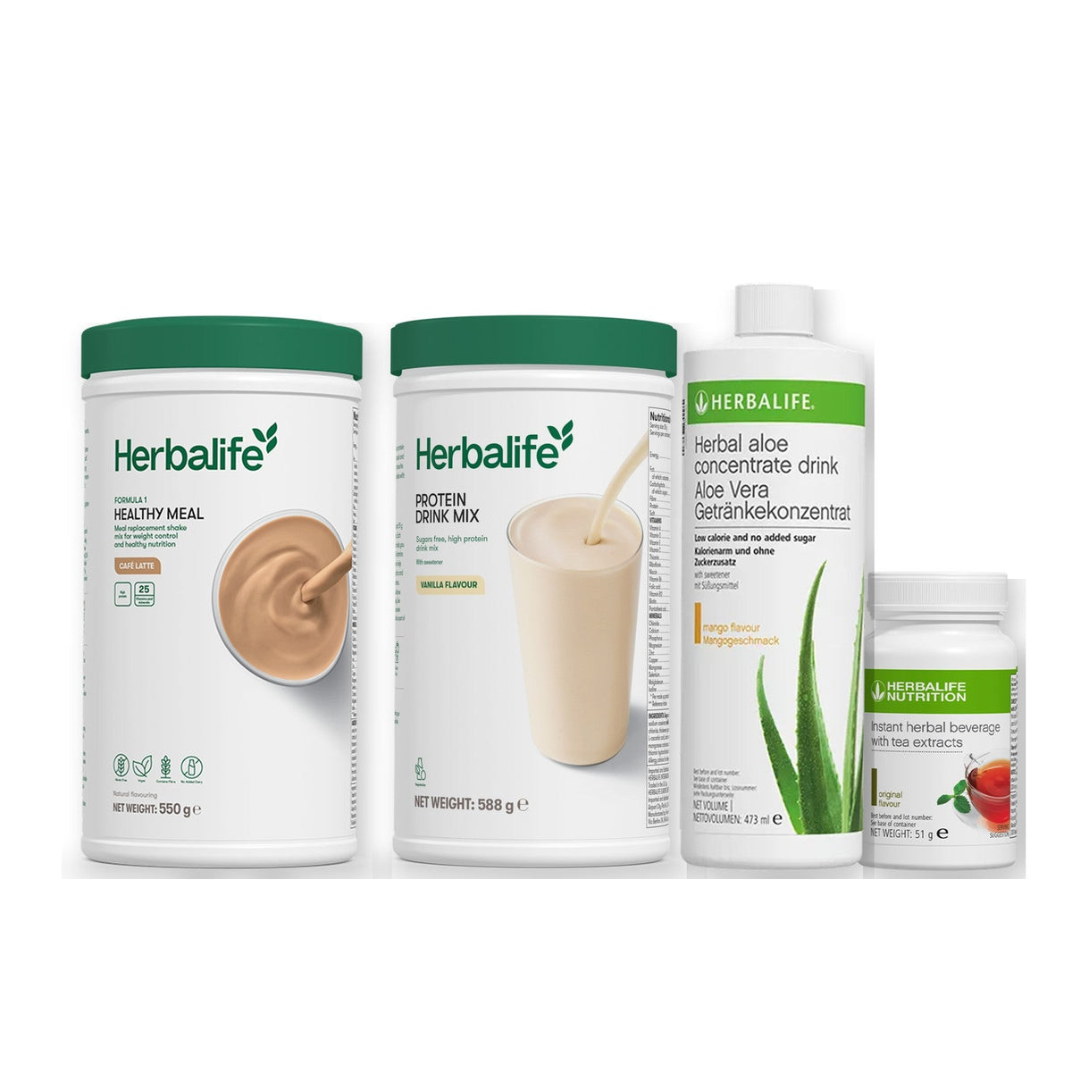 Morning kit with Formula 1 shake, vanilla Protein Drink Mix, mango aloe concentrate and instant tea tub, Cafe latte / Original / Standard 550g