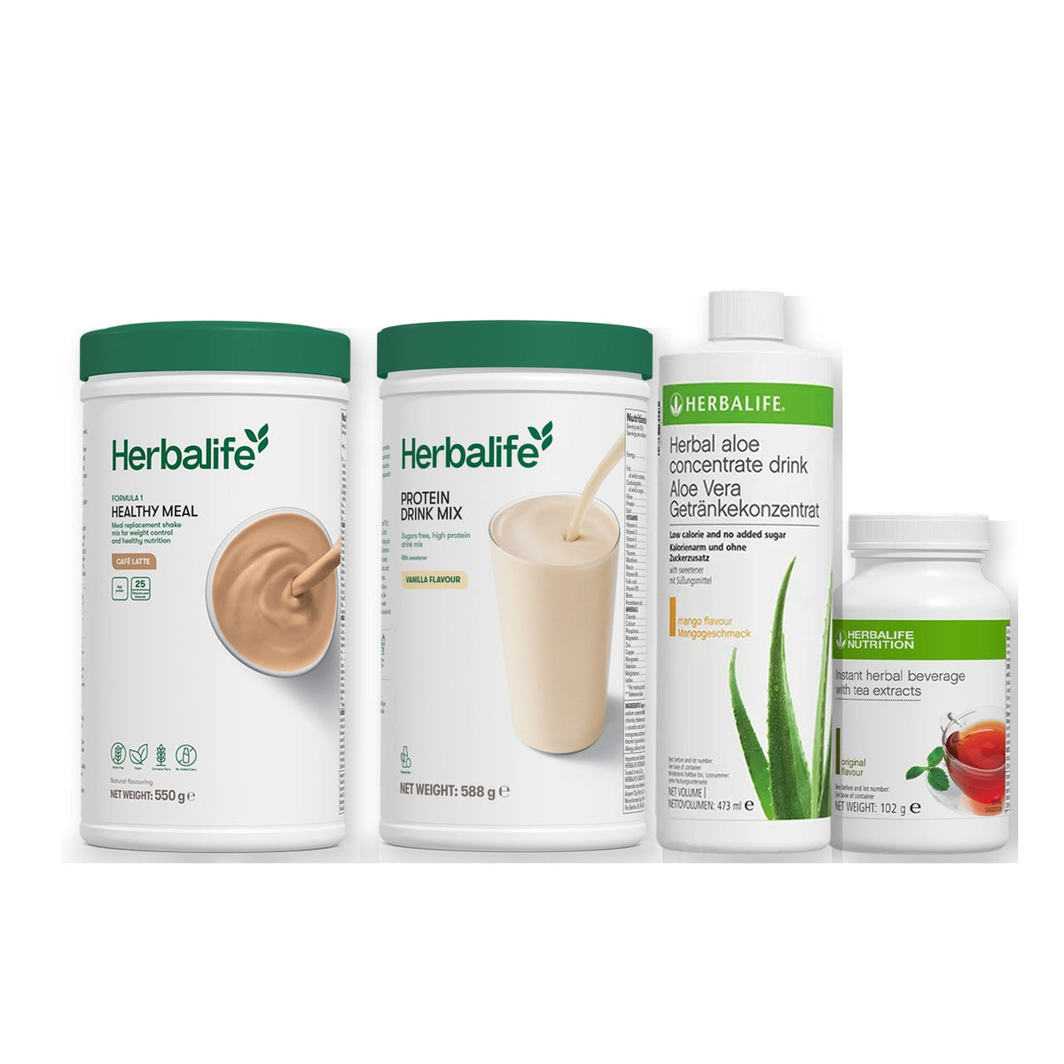 Morning kit with Formula 1 shake, vanilla Protein Drink Mix, mango aloe concentrate and instant tea tub, Cafe latte / Original (Large 102g) / Standard 550g