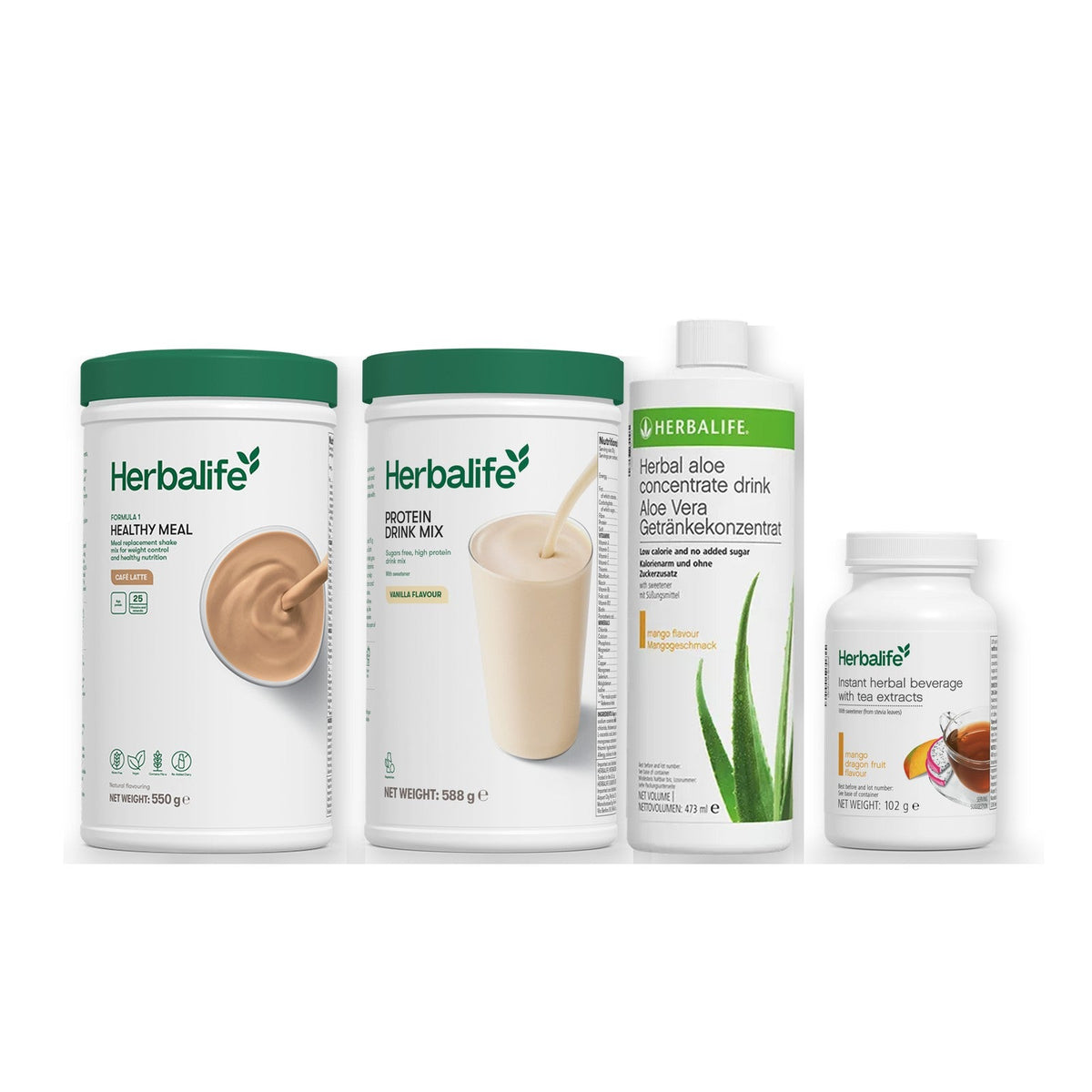 Morning kit with Formula 1 shake, vanilla Protein Drink Mix, mango aloe concentrate and instant tea tub, Cafe latte / Mango Dragon Fruit (Large 102g) / Standard 550g