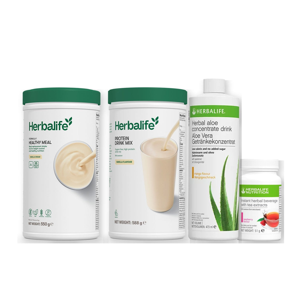 Morning kit with Formula 1 shake, vanilla Protein Drink Mix, mango aloe concentrate and instant tea tub