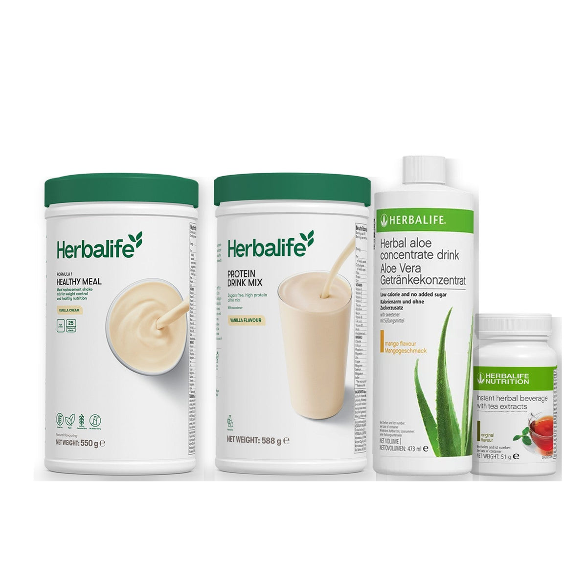 Morning kit with Formula 1 shake, vanilla Protein Drink Mix, mango aloe concentrate and instant tea tub, Vanilla cream / Original / Standard 550g