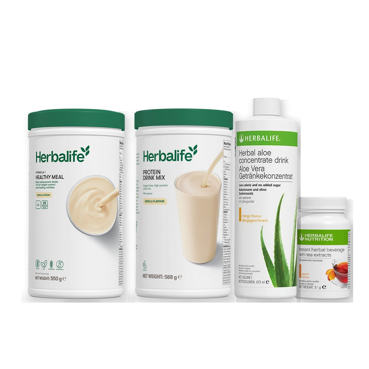 Morning kit with Formula 1 shake, vanilla Protein Drink Mix, mango aloe concentrate and instant tea tub, Vanilla cream / Peach / Standard 550g