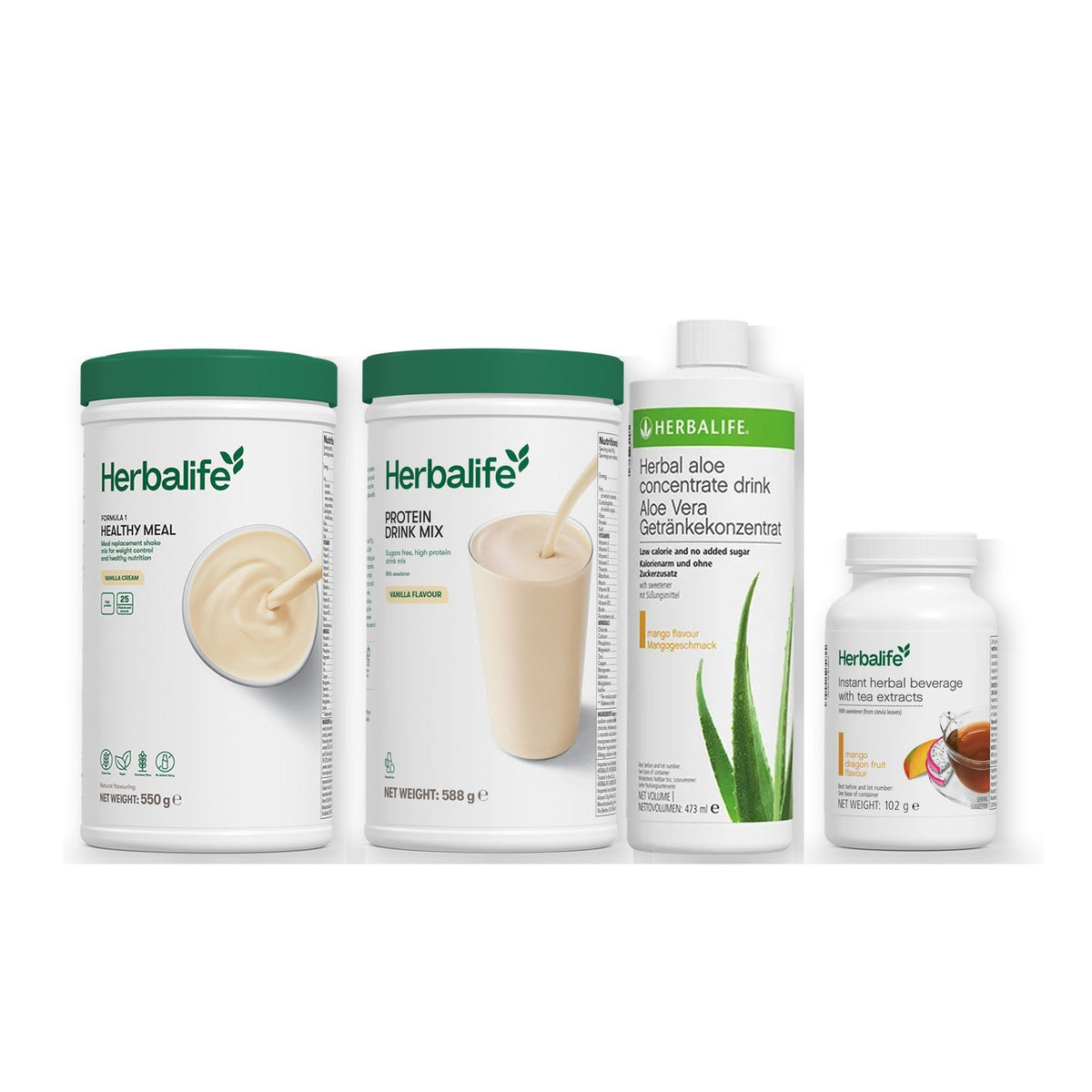 Morning kit with Formula 1 shake, vanilla Protein Drink Mix, mango aloe concentrate and instant tea tub, Vanilla cream / Mango Dragon Fruit (Large 102g) / Standard 550g