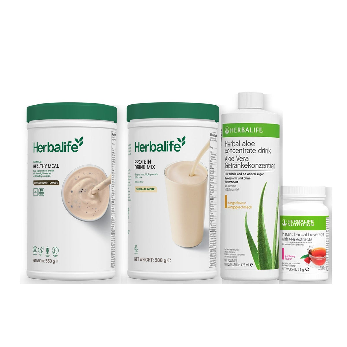 Morning kit with Formula 1 shake, vanilla Protein Drink Mix, mango aloe concentrate and instant tea tub, Cookie crunch / Raspberry / Standard 550g
