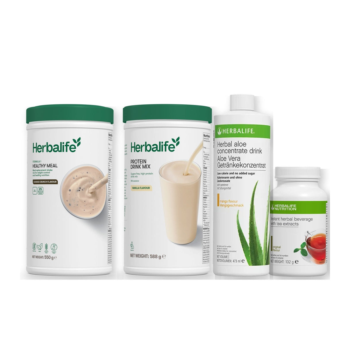 Morning kit with Formula 1 shake, vanilla Protein Drink Mix, mango aloe concentrate and instant tea tub, Cookie crunch / Original (Large 102g) / Standard 550g