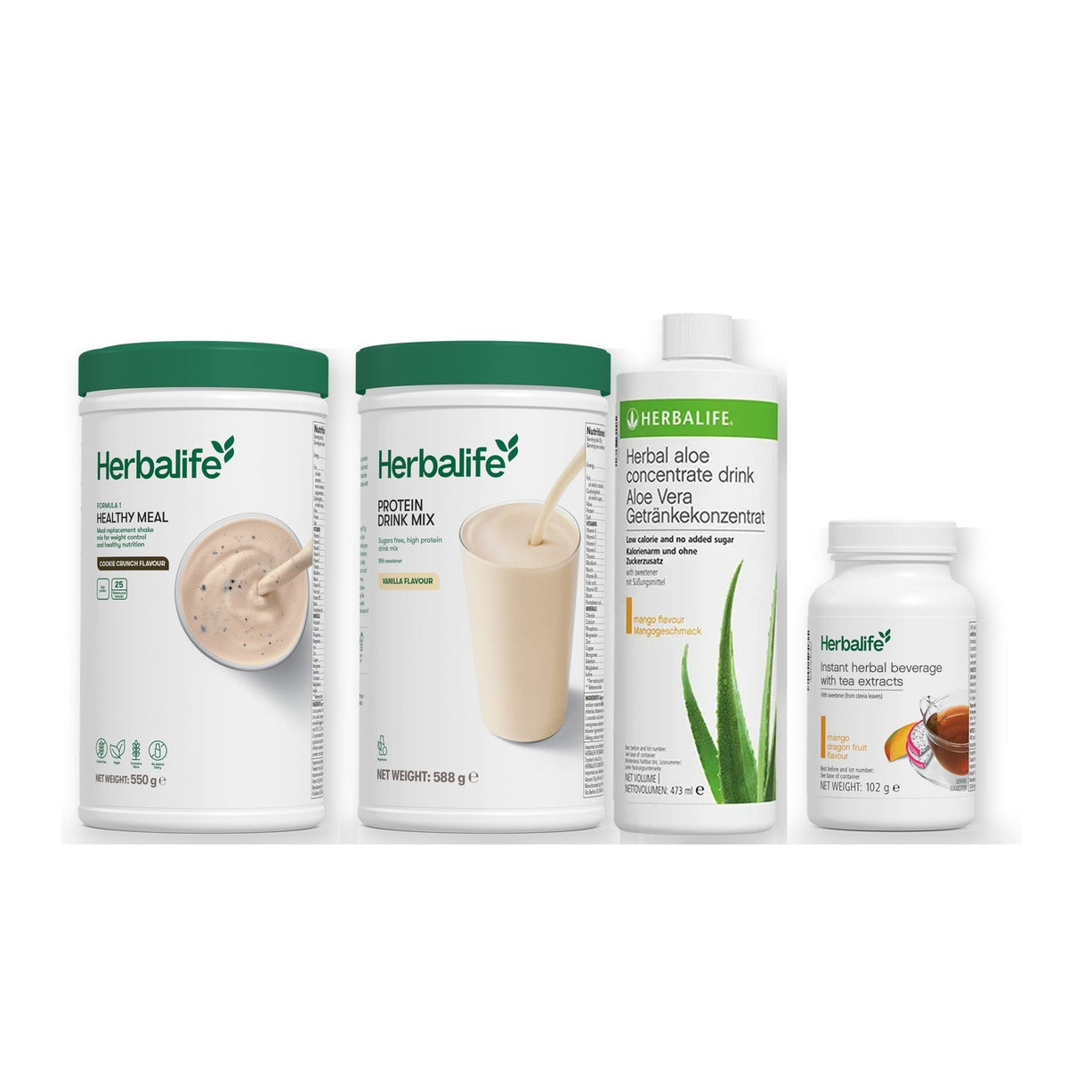 Morning kit with Formula 1 shake, vanilla Protein Drink Mix, mango aloe concentrate and instant tea tub, Cookie crunch / Mango Dragon Fruit (Large 102g) / Standard 550g