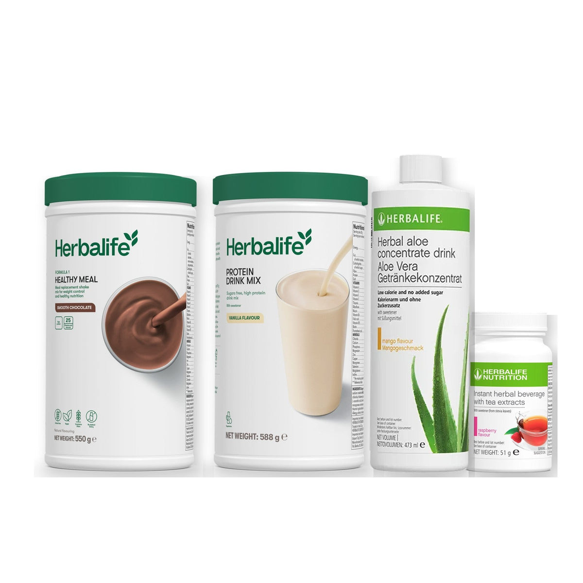 Morning kit with Formula 1 shake, vanilla Protein Drink Mix, mango aloe concentrate and instant tea tub, Smooth chocolate / Raspberry / Standard 550g