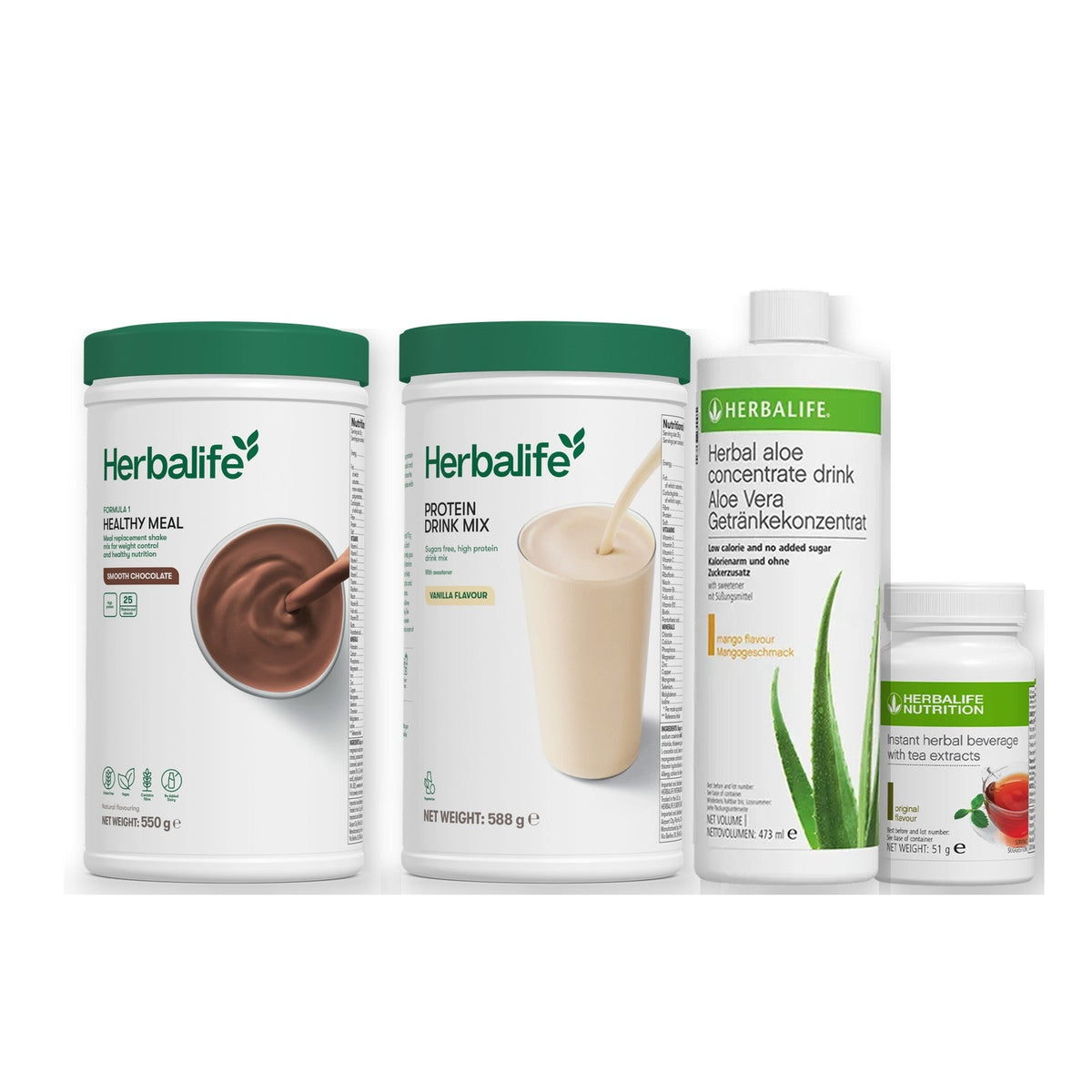Morning kit with Formula 1 shake, vanilla Protein Drink Mix, mango aloe concentrate and instant tea tub, Smooth chocolate / Original / Standard 550g