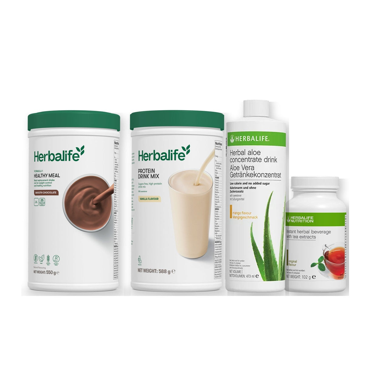 Morning kit with Formula 1 shake, vanilla Protein Drink Mix, mango aloe concentrate and instant tea tub, Smooth chocolate / Original (Large 102g) / Standard 550g