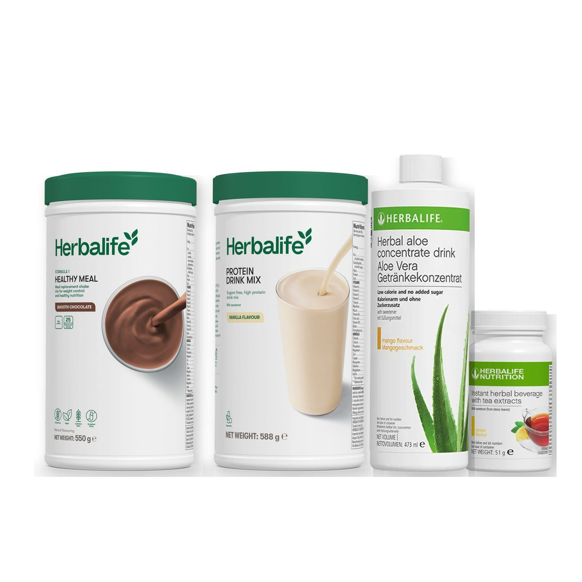 Morning kit with Formula 1 shake, vanilla Protein Drink Mix, mango aloe concentrate and instant tea tub, Smooth chocolate / Lemon / Standard 550g