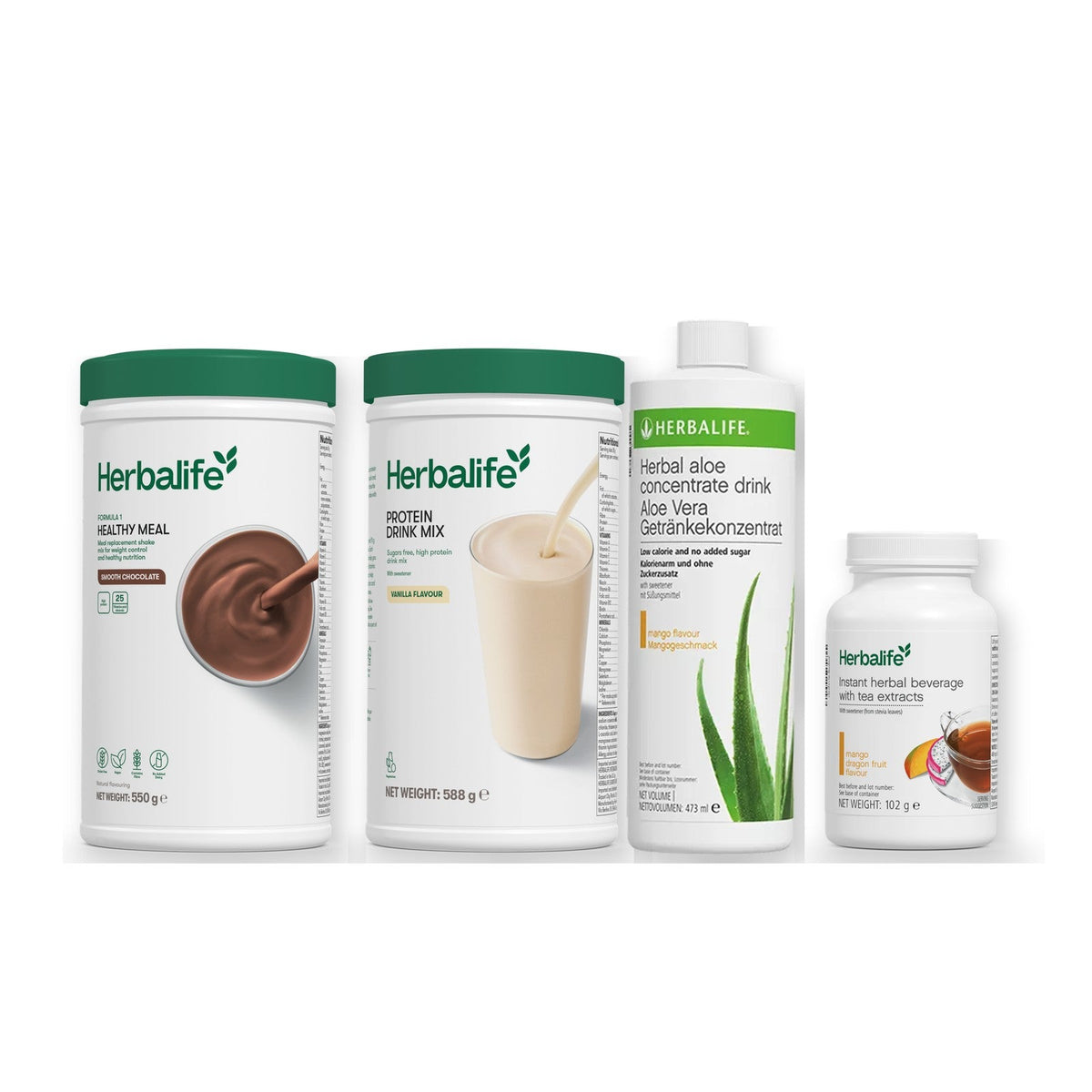 Morning kit with Formula 1 shake, vanilla Protein Drink Mix, mango aloe concentrate and instant tea tub, Smooth chocolate / Mango Dragon Fruit (Large 102g) / Standard 550g