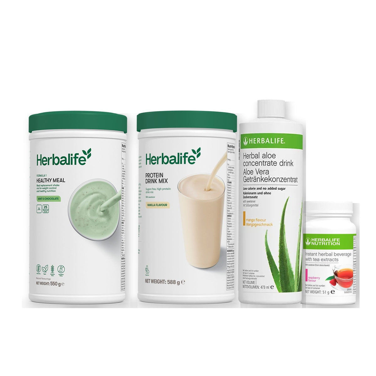 Morning kit with Formula 1 shake, vanilla Protein Drink Mix, mango aloe concentrate and instant tea tub, Mint & Chocolate / Raspberry / Standard 550g