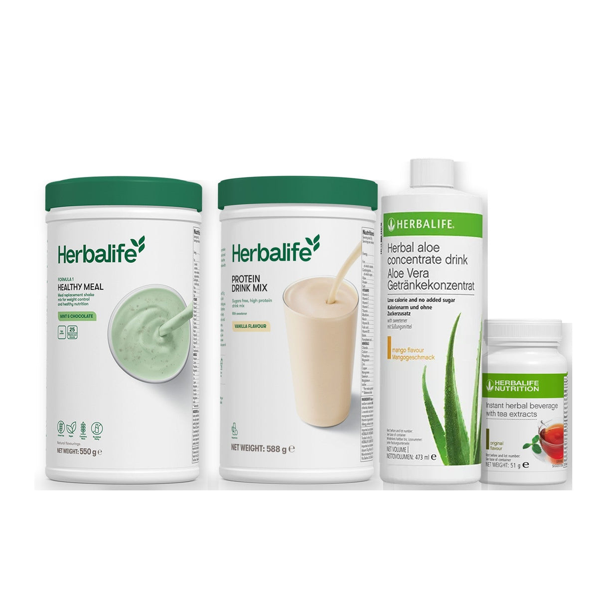 Morning kit with Formula 1 shake, vanilla Protein Drink Mix, mango aloe concentrate and instant tea tub, Mint & Chocolate / Original / Standard 550g