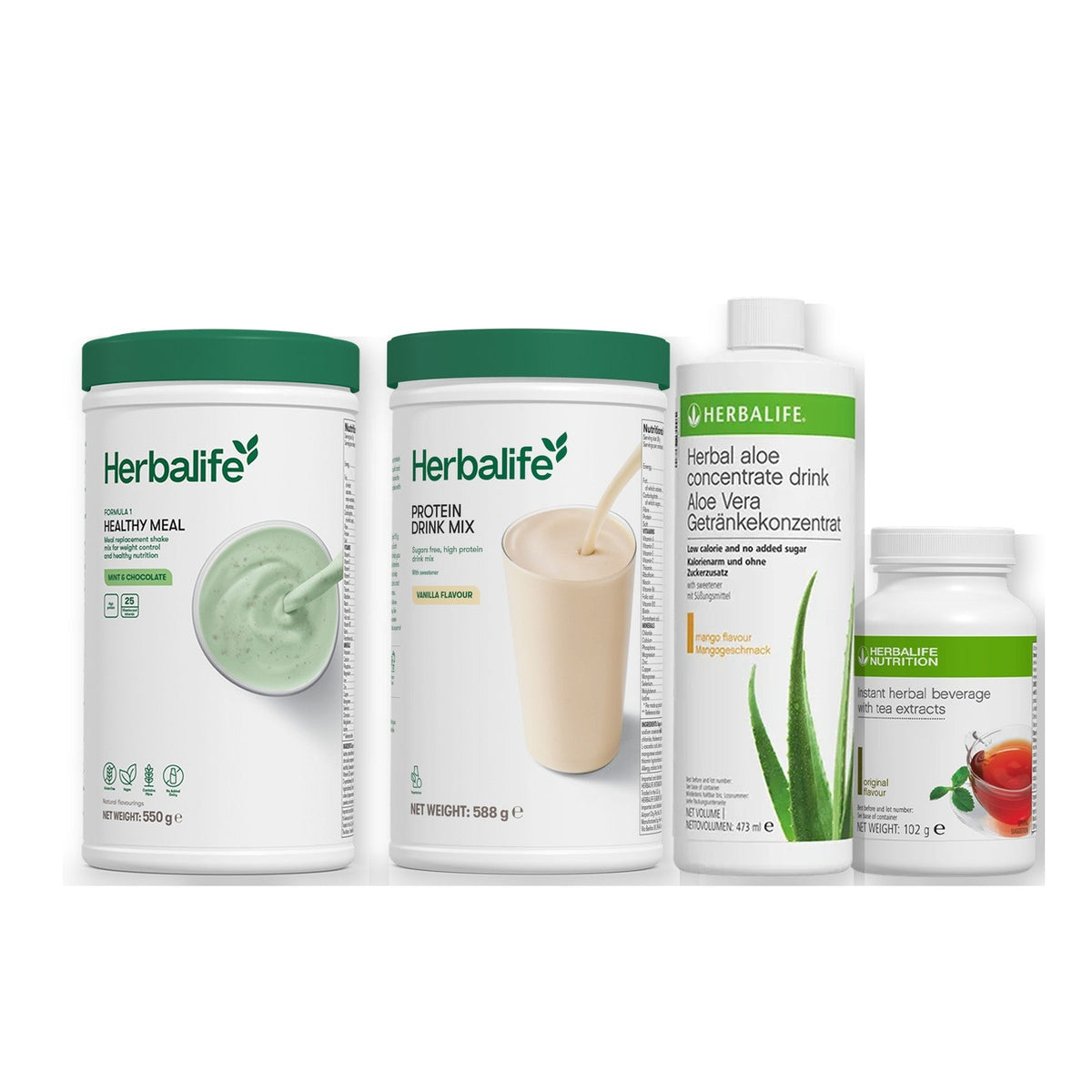 Morning kit with Formula 1 shake, vanilla Protein Drink Mix, mango aloe concentrate and instant tea tub, Mint & Chocolate / Original (Large 102g) / Standard 550g