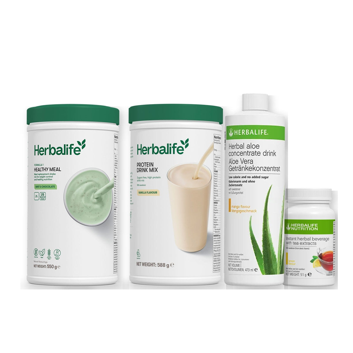 Morning kit with Formula 1 shake, vanilla Protein Drink Mix, mango aloe concentrate and instant tea tub, Mint & Chocolate / Lemon / Standard 550g