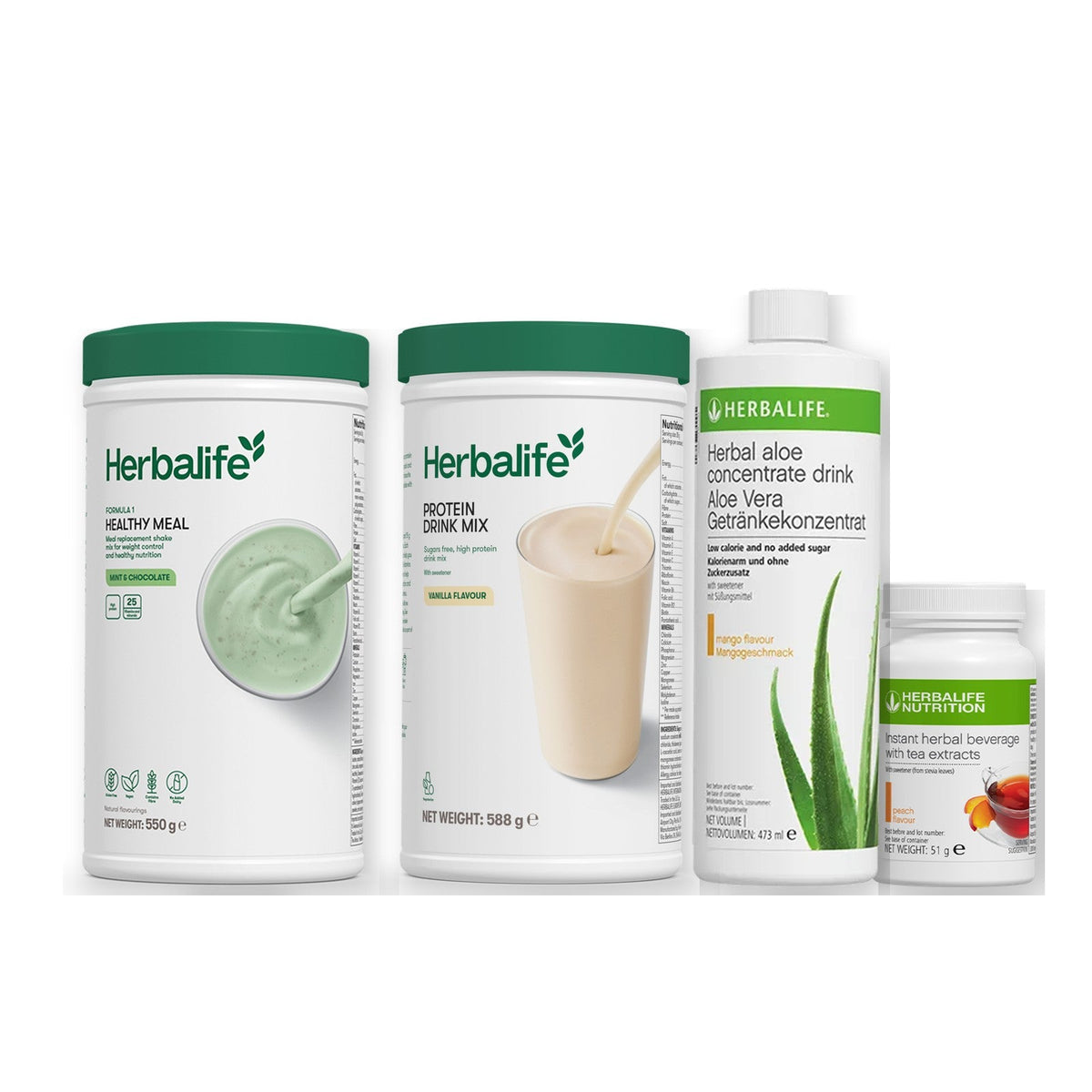 Morning kit with Formula 1 shake, vanilla Protein Drink Mix, mango aloe concentrate and instant tea tub, Mint & Chocolate / Peach / Standard 550g