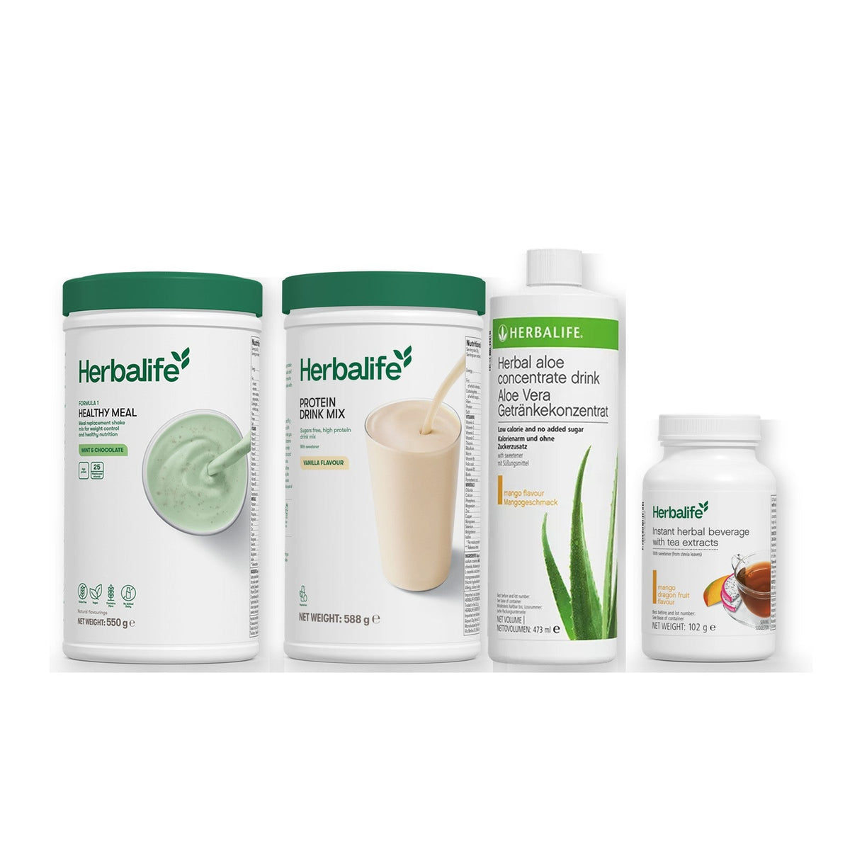 Morning kit with Formula 1 shake, vanilla Protein Drink Mix, mango aloe concentrate and instant tea tub, Mint & Chocolate / Mango Dragon Fruit (Large 102g) / Standard 550g