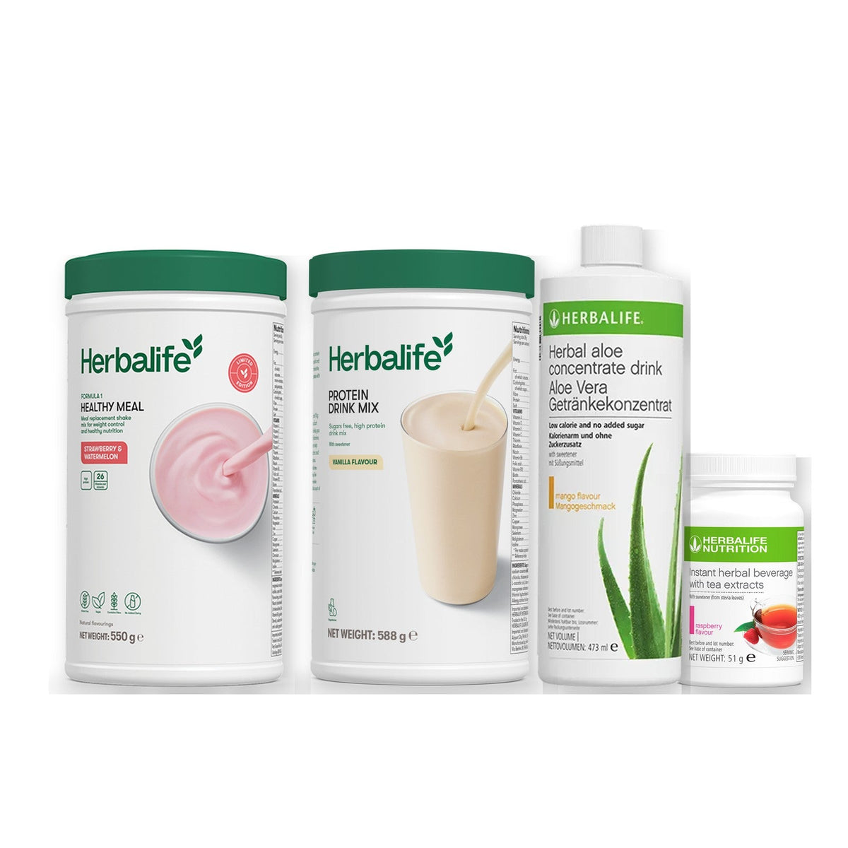 Morning kit with Formula 1 shake, vanilla Protein Drink Mix, mango aloe concentrate and instant tea tub, Strawberry Watermelon / Raspberry / Standard 550g
