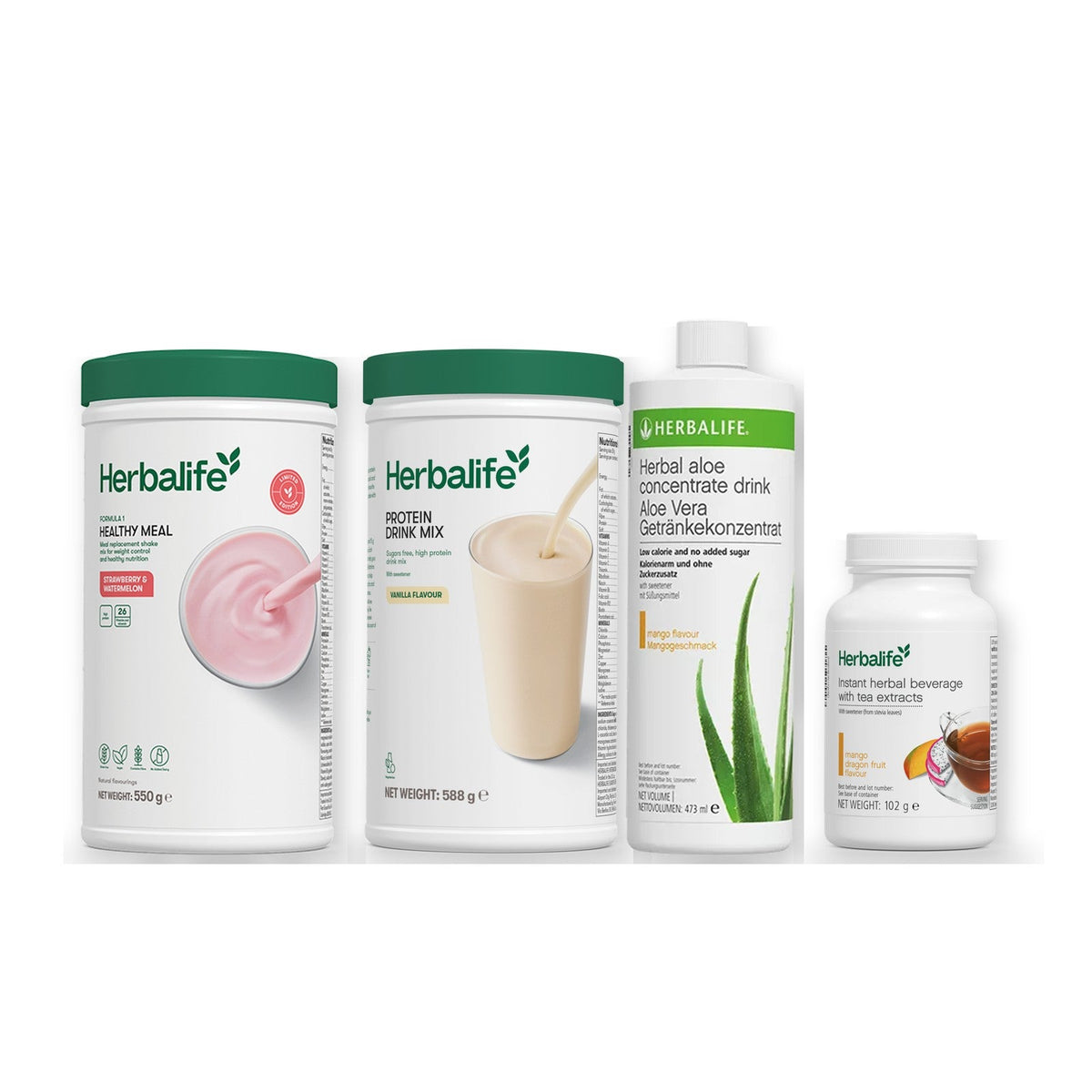 Morning kit with Formula 1 shake, vanilla Protein Drink Mix, mango aloe concentrate and instant tea tub, Strawberry Watermelon / Mango Dragon Fruit (Large 102g) / Standard 550g