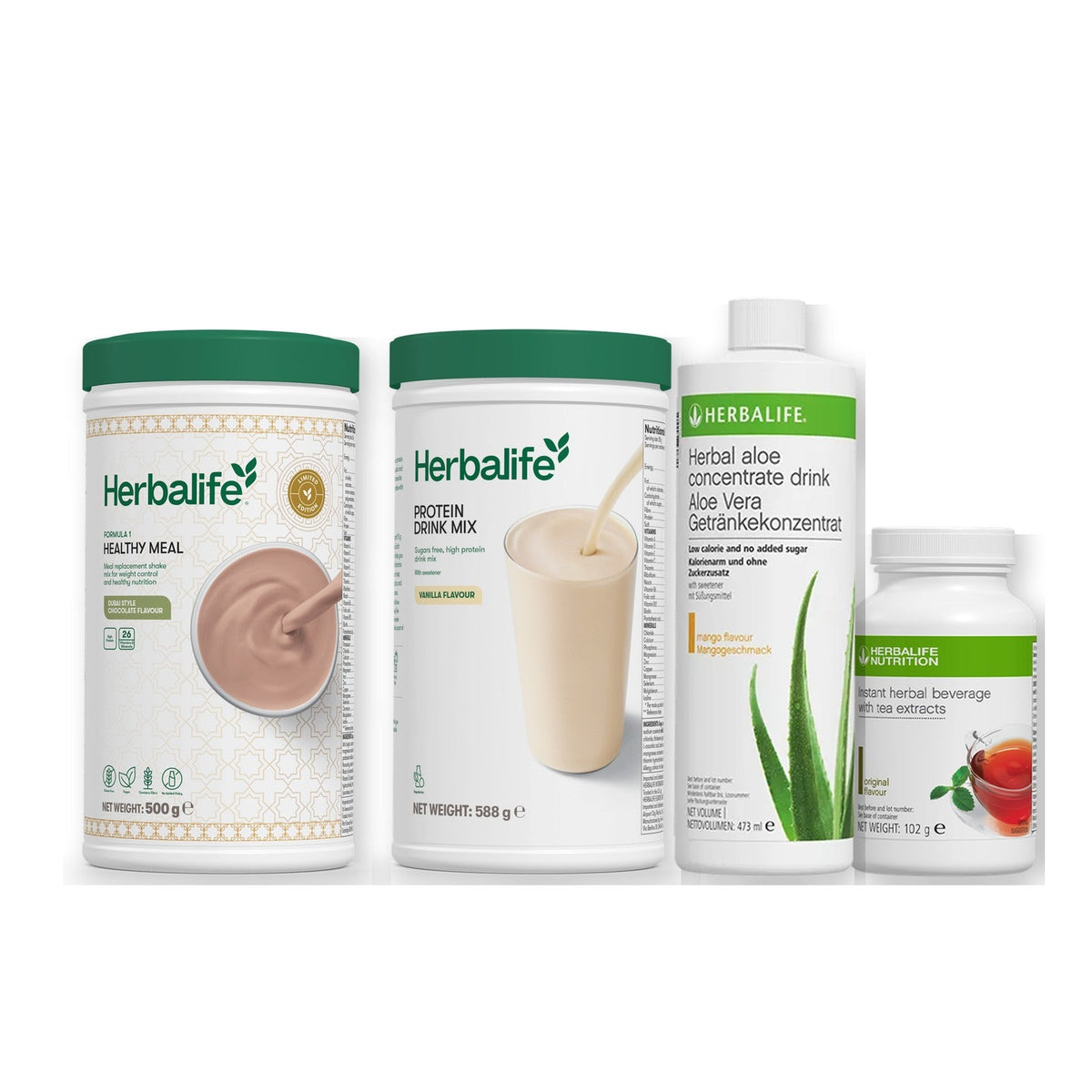 Morning kit with Formula 1 shake, vanilla Protein Drink Mix, mango aloe concentrate and instant tea tub, Dubai Style Chocolate / Original (Large 102g) / Standard 550g