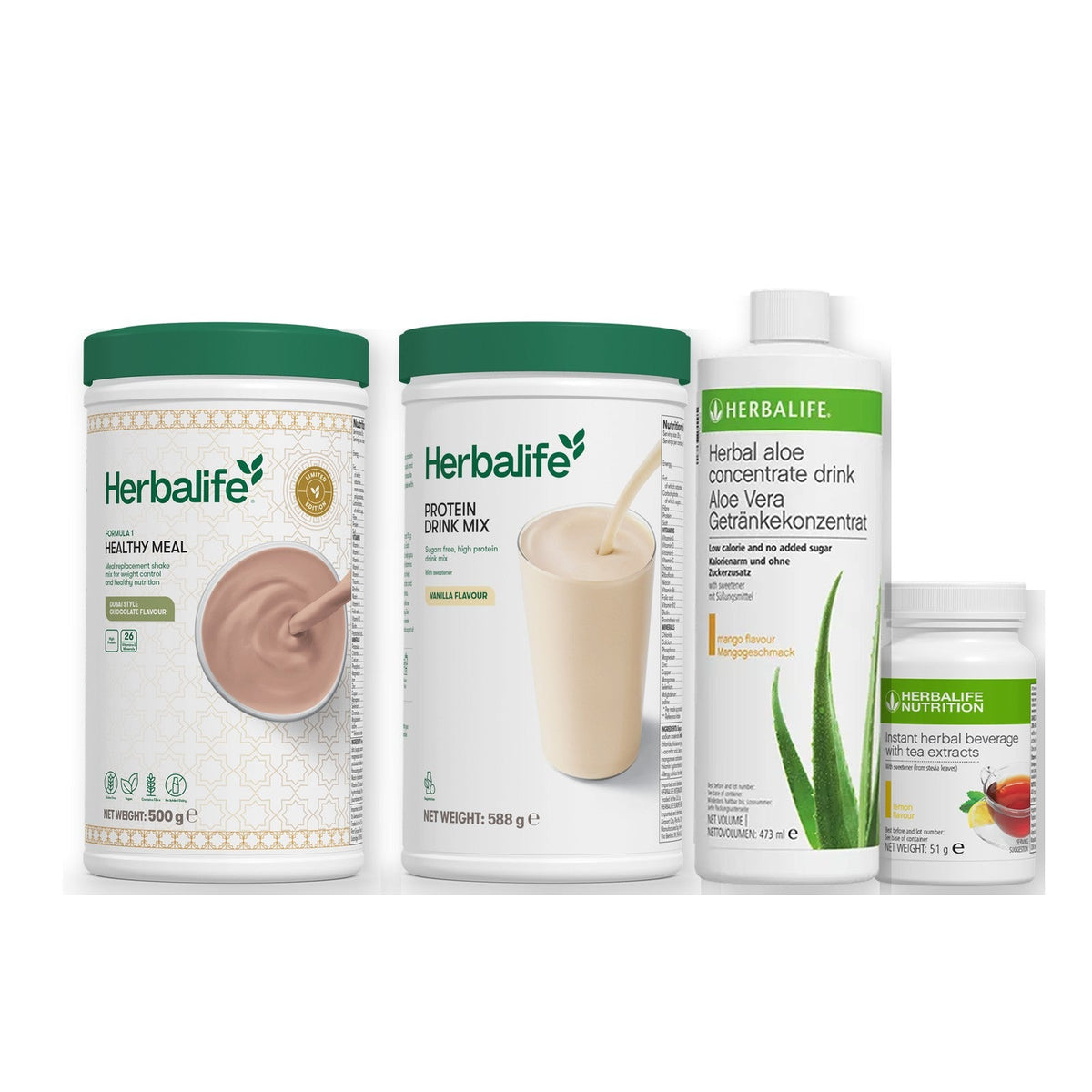Morning kit with Formula 1 shake, vanilla Protein Drink Mix, mango aloe concentrate and instant tea tub, Dubai Style Chocolate / Lemon / Standard 550g