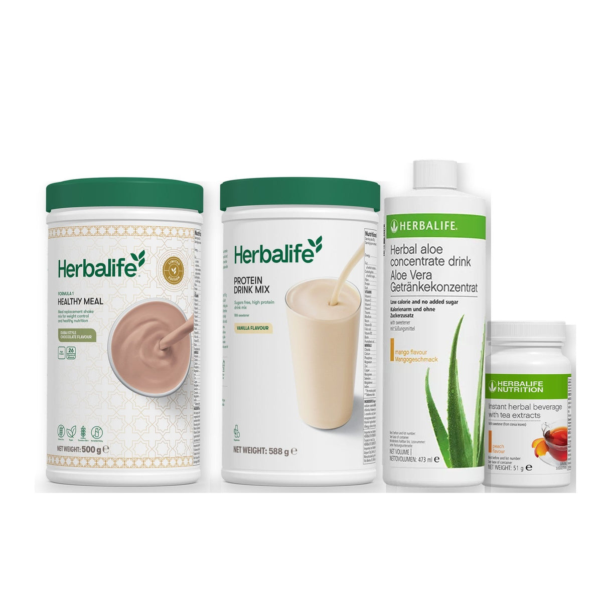 Morning kit with Formula 1 shake, vanilla Protein Drink Mix, mango aloe concentrate and instant tea tub, Dubai Style Chocolate / Peach / Standard 550g
