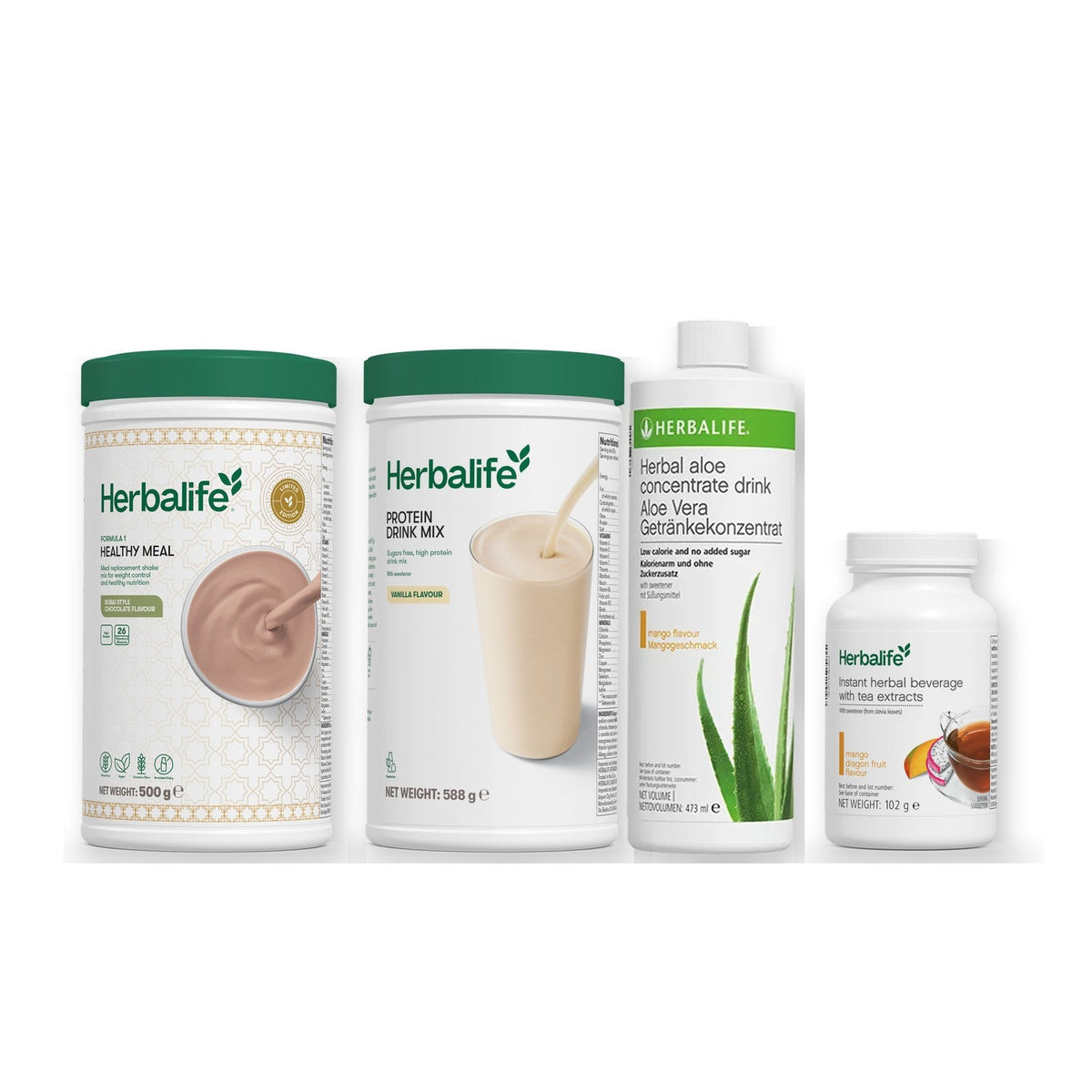 Morning kit with Formula 1 shake, vanilla Protein Drink Mix, mango aloe concentrate and instant tea tub, Dubai Style Chocolate / Mango Dragon Fruit (Large 102g) / Standard 550g